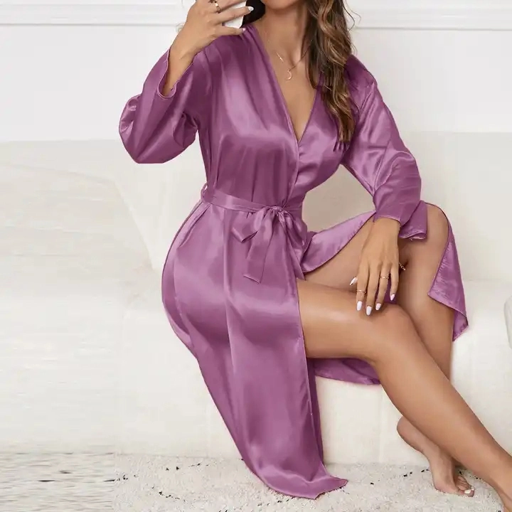 Long Sleeve Bride Bridesmaid Wedding Dressing Nightgown Solid Color Satin Silk Robe