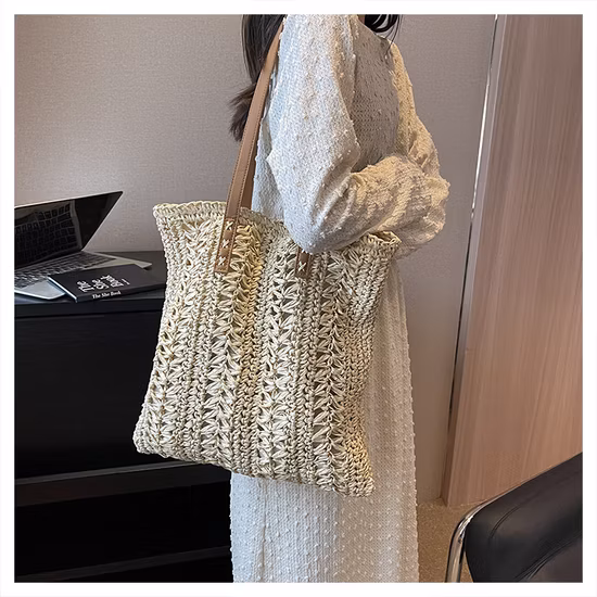 Bolsa de ombro simples da moda verão, bolsa de praia de palha de papel de grande capacidade