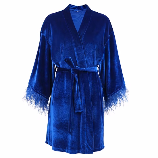Outono novo estilo azul noiva pena manhã roupões feminino designer de luxo moda robe veludo
